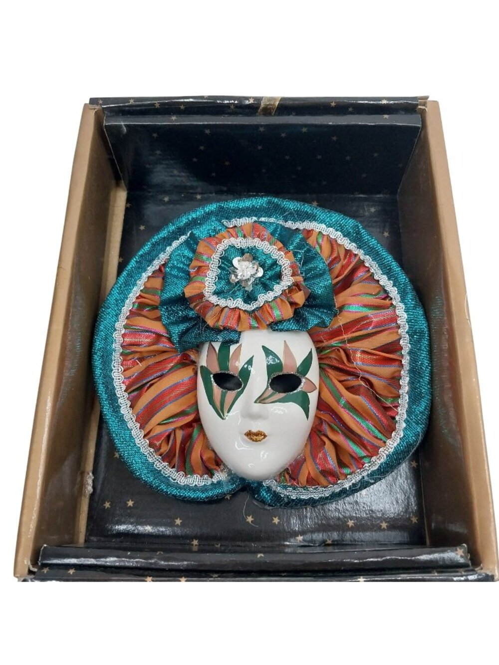 Hand-Painted Pierrot Accents Venetian Style Wall Mask With Hat & Box